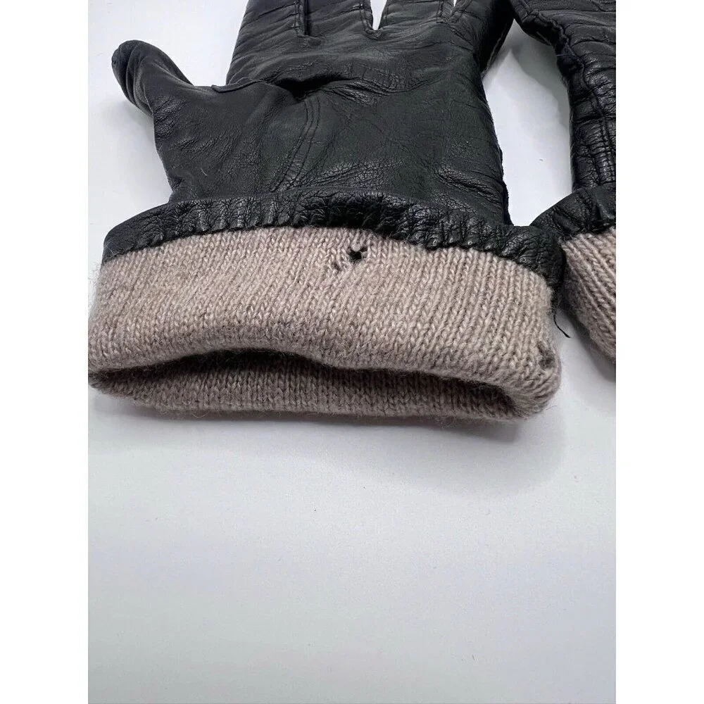 Black Vintage High Leather Gloves Cashmere Lined Size 8